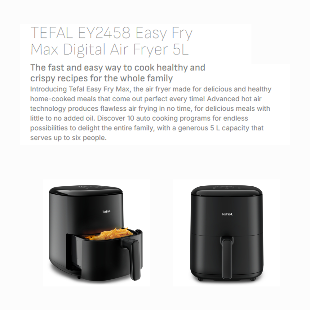 Tefal 5L Easy Fry Max Digital Air Fryer EY2458 | Digital Touchscreen | Save Time and Energy | Auto Cooking Program