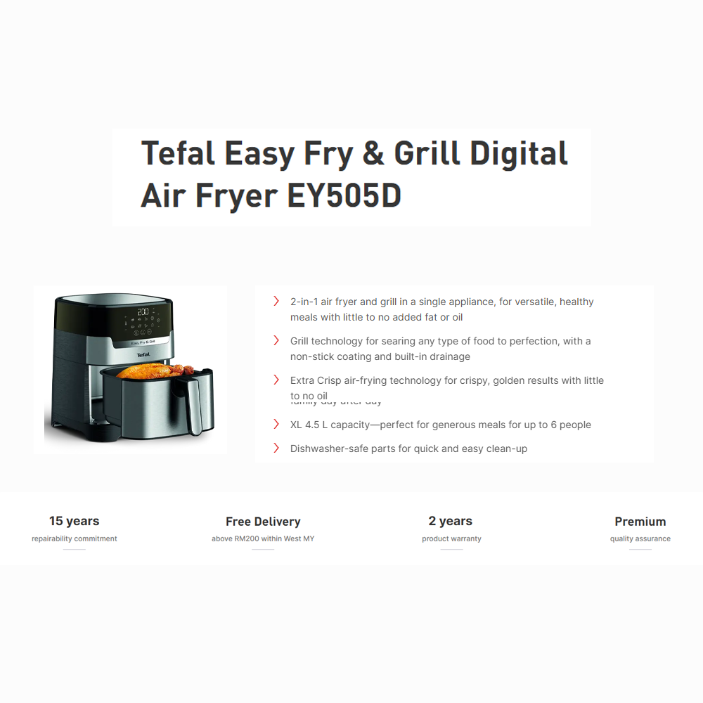 Tefal 4.5L Easy Fry & Grill Digital Air Fryer EY505D | 2-in-1 air fryer | Grill technology | Extra Crisp air-frying | Precision touchscreen
