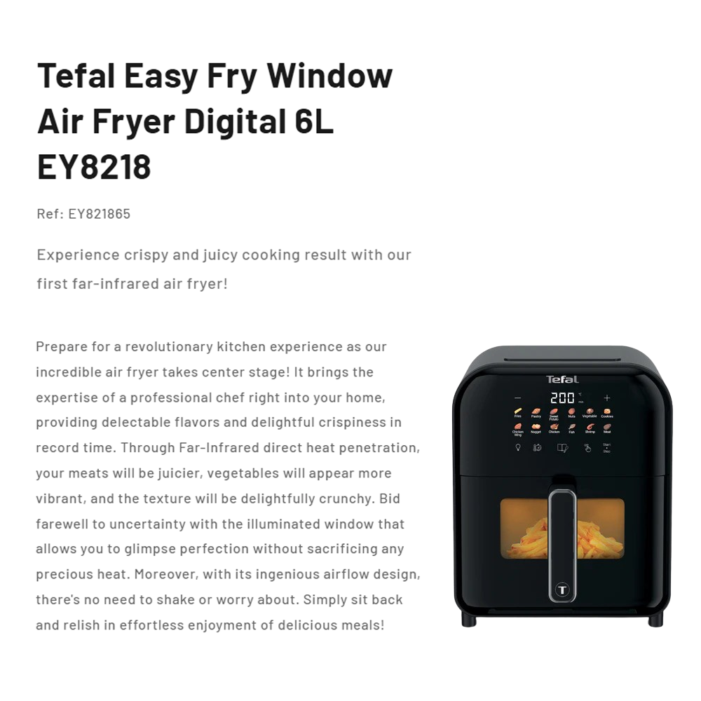 Tefal 6L Easy Fry Far-Infrared Vision Digital Air Fryer EY821865 | Far-Infrared Technology | Digital Control Panel | With Viewing Window