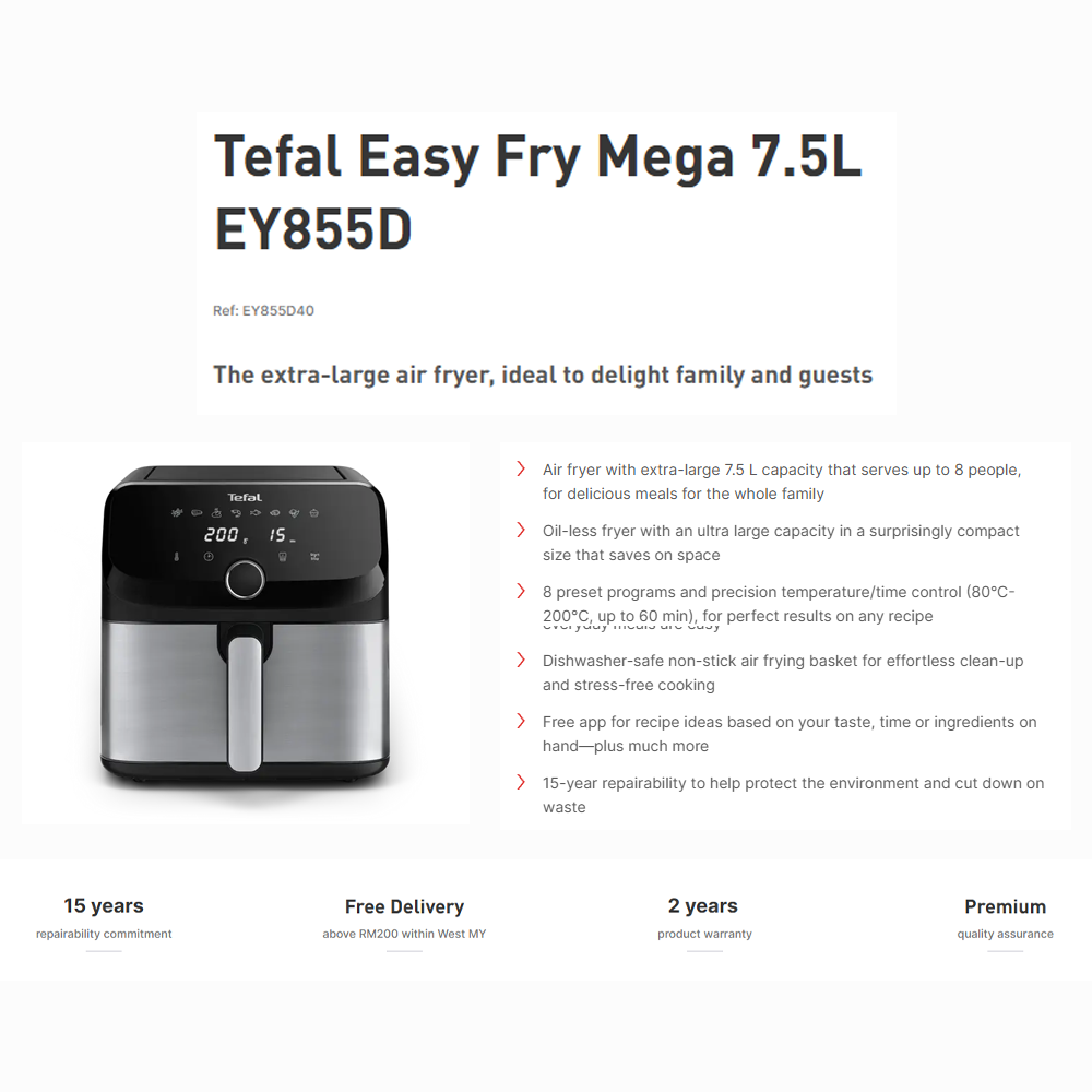 Tefal 7.5L Easy Fry Mega Air Fryer EY855D | 8 preset programs | Up to 65% less energy | Extra-large capacity | PTFE removable pan