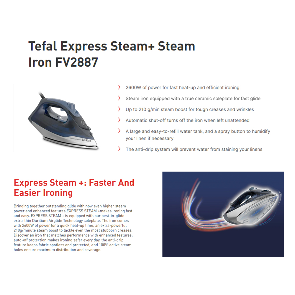 Tefal 2600W Express Steam+ Steam Iron Navy Blue | FV2887 | Automatic Shut-Off | Anti Drip System | Large And Easy To Refill Water Tank