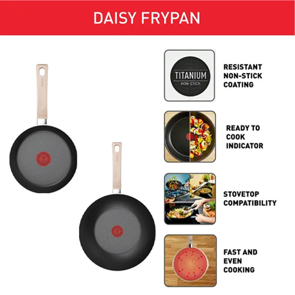 [2-Piece Set] Tefal 20cm/28cm wok frypan Daisy 2-Piece Cookware Set G167S295 | Perfect Searing Thermo-Signal | Titanium Resistant Non Stick Coating | Safe Non-Stick