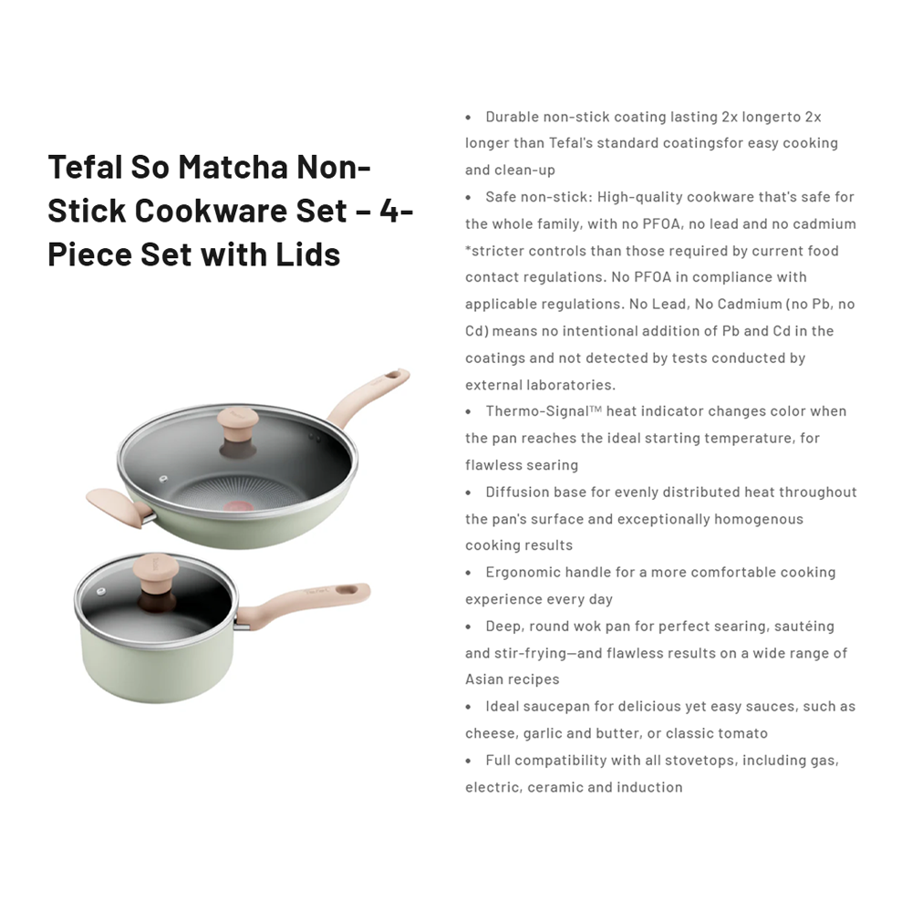Tefal So Matcha Non-Stick Cookware Set 4-Piece Set with Lids G179S495 G179S4 | Perfect Searing Thermo-Signal | Titanium NonStick