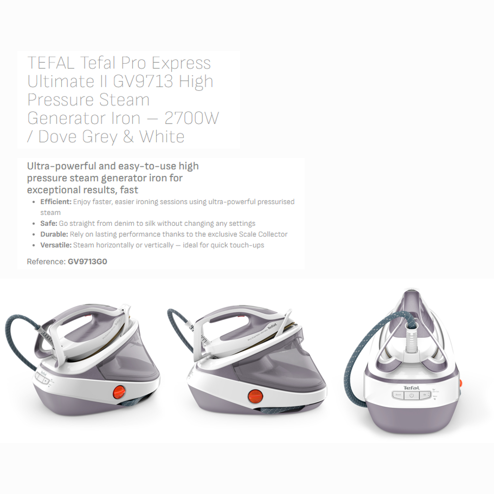 Tefal 2700W Pro Express Ultimate II Steam Generator Iron Dove GV9713 | Ultra Steam Technology | No Burn Risk