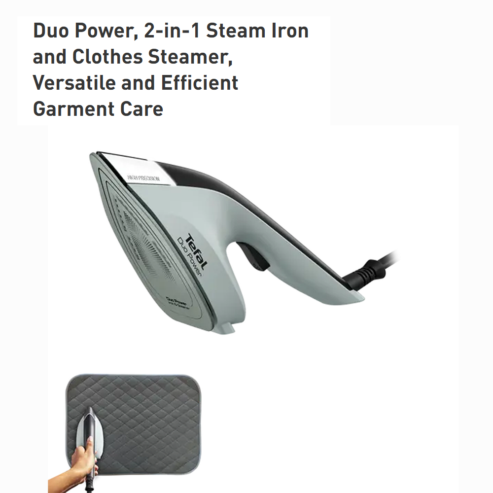 Tefal 1700W Duo Power 2-in-1 Steam Iron JF4033 | Steam output up to 25g/minute | Support vertical steam | Auto-off & anti-drip funtions | Ceramic soleplate technology