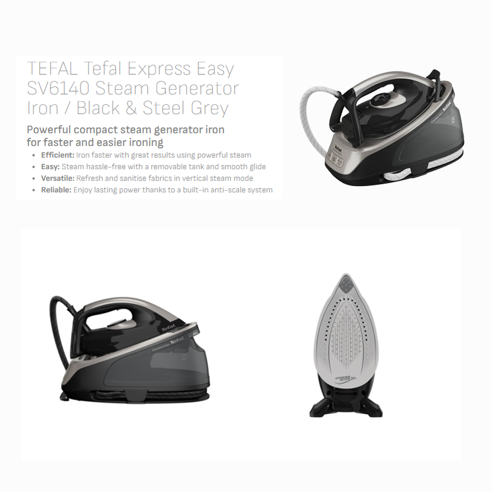 Tefal 2200W Express Easy Steam Generator Iron SV6140 | 6 bar pump | Vertical steaming feature | Ceramic Xpress Glide soleplate | Eco mode