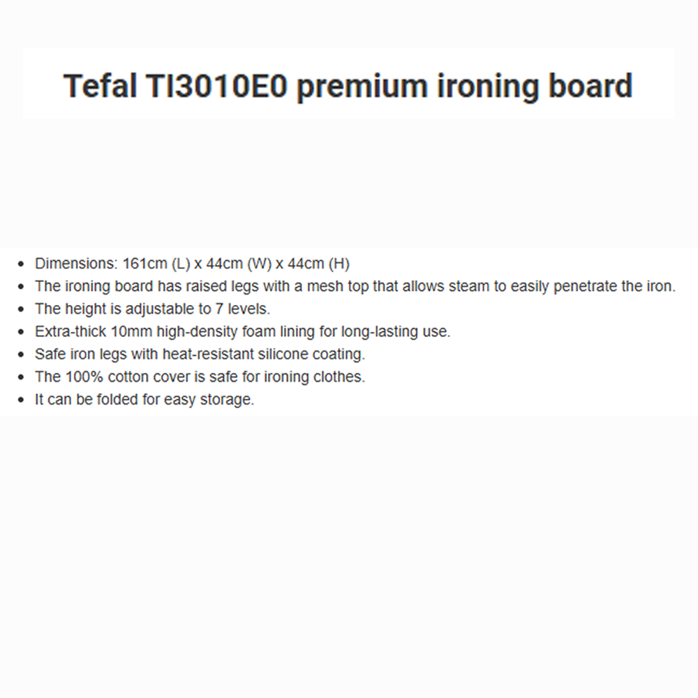 Tefal Premium Ironing Board TI3010E0 | Steam-Friendly Surface | Durable & Stable | Foldable Design