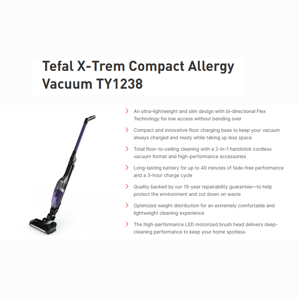 Tefal 145W XTREM Compact 2-in-1 Cordless Vacuum Cleaner Stick TY1238 | Bi-directional Flex Technology | 0.4 L (max)