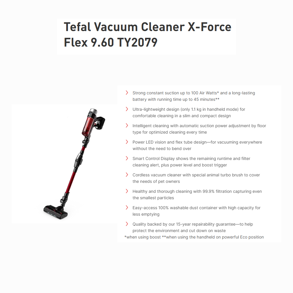 Tefal 250W X-Force Flex 9.60 Animal Care Cordless Vacuum Cleaner Stick TY2079 | Strong constant suction up to 100 Air Watts | Smart Control Display