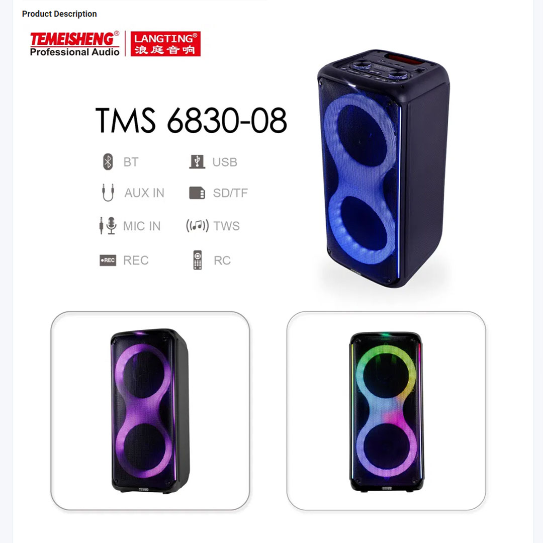 Temeisheng 8'' Portable Home Party Speaker TMS6830-08 | Ambient Light | Wireless Streaming With Bluetooth | 7.4V 3000mAh | Portable Speaker with 1 Year Warranty