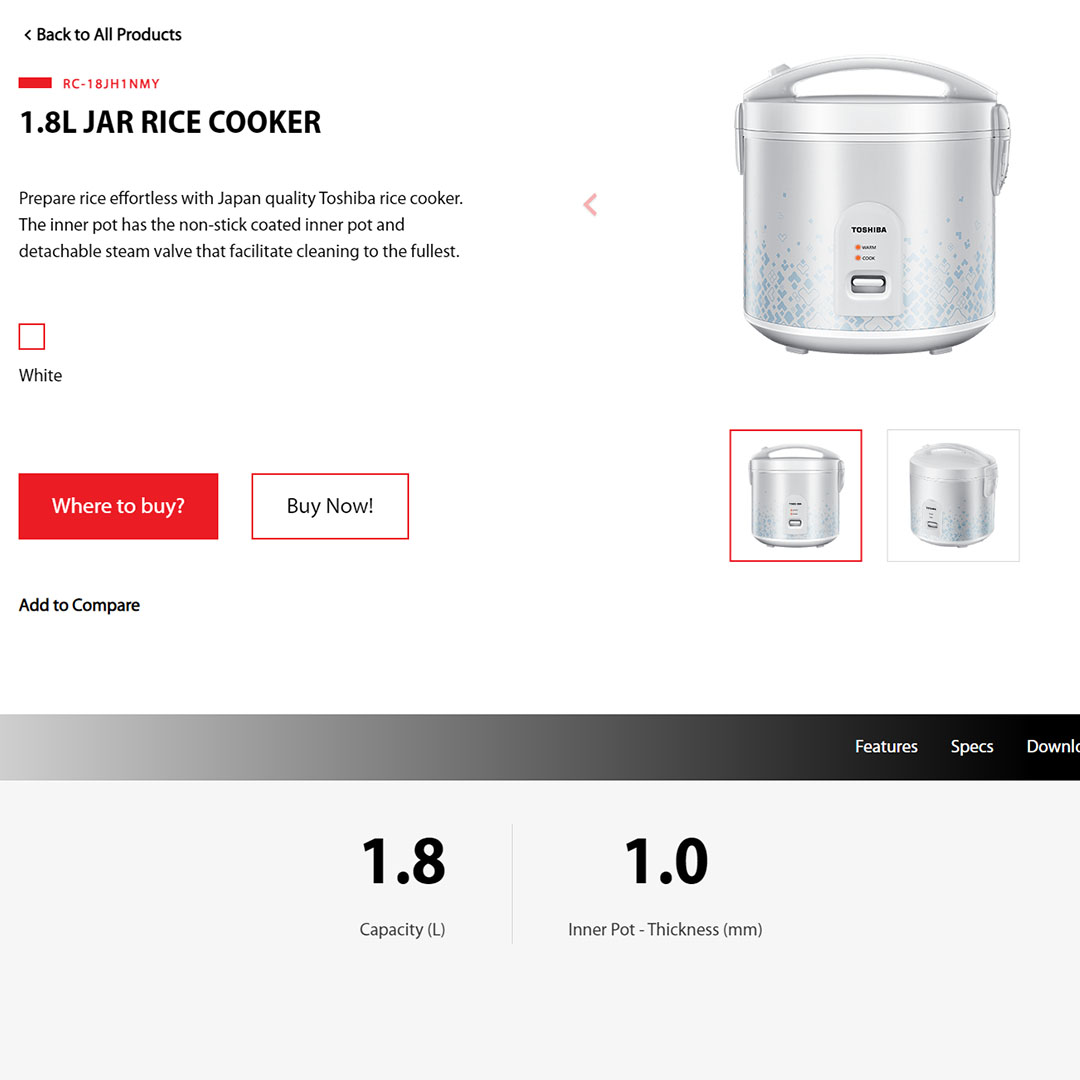 TOSHIBA 1.8L Jar Rice Cooker RC-18JH1NMY | Keep Warm Function Up to 6 Hours | Non Stick Inner Pot | Detachable Cover | Rice Cooker with 1 Year General Warranty