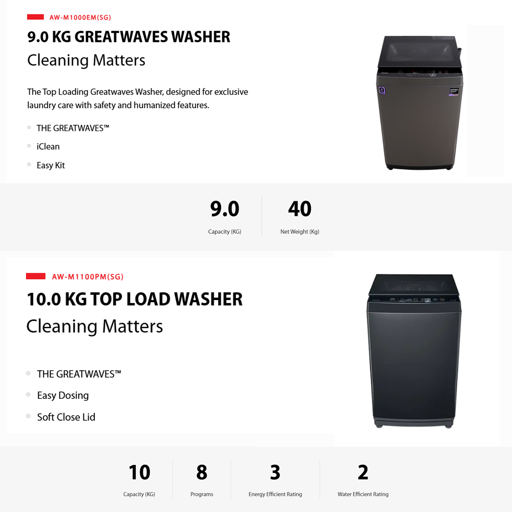 Toshiba 9KG/10KG Top Load THE GREATWAVES Washing Machine AW-M1000EM(SG)/AW-M1100PM(SG) | THE GREATWAVES™ | iClean | Easy Kit | Washing Machine with 2 Years Warranty