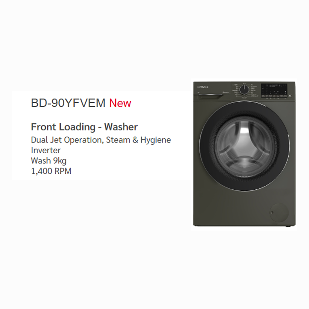 Hitachi 9/ 10KG Front Load Inverter Steam & Hygiene Washing Machine BD-90YFVEM / BD-100XFVEADM | Steam & Hygience Programme | Efficient Inverter Motor | 15 Preset Programmes