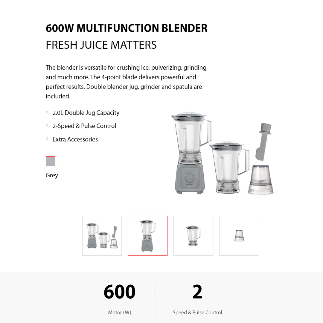TOSHIBA 2L Multifunction Blender BL-60PH3TMY(H) | Real Smooth Power | Instant Grinding | Powerful Motor : 600W | Blender with 1 Year Warranty