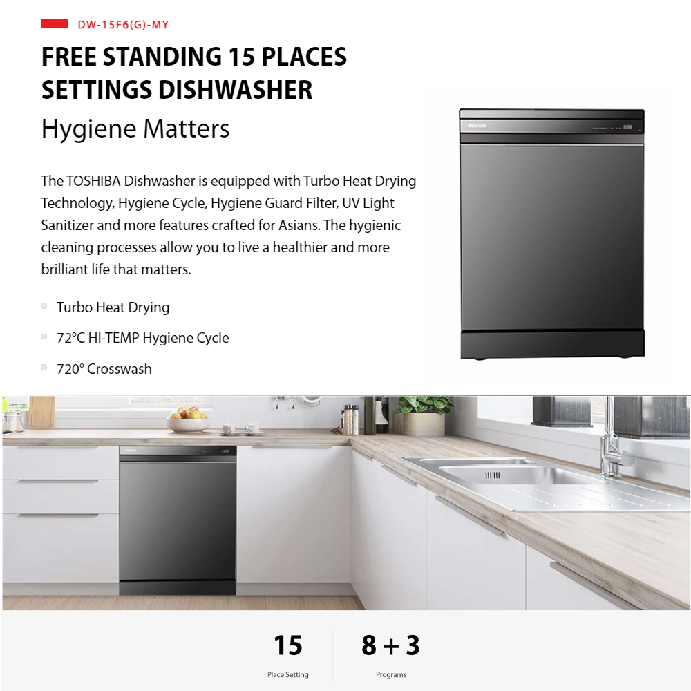 TOSHIBA 15 Place Setting Free Standing Dishwasher DW-15F6(G)-MY | Sliding Tray | 8 Program | Dual Wash Zone