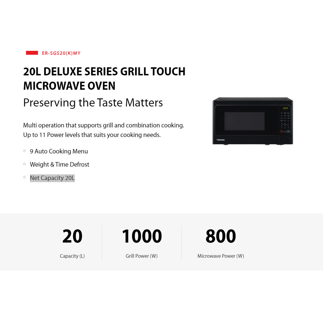 TOSHIBA 20L/34L Microwave Oven ER-SGS20(K)MY/ER-SGS34(K)MY | Microwave & Grill | 9 Auto Cooking Menu | Weight & Time Defrost | Microwave Oven with 1 Year Warranty