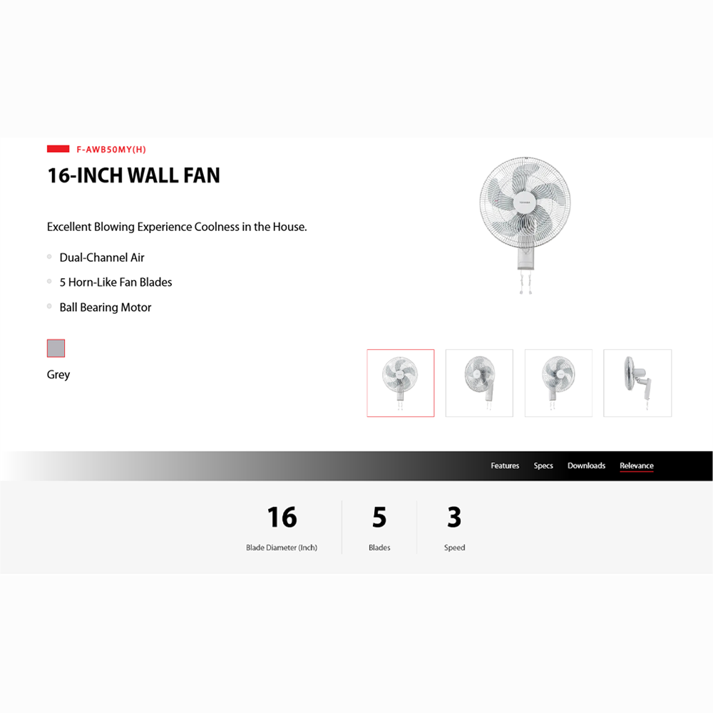 TOSHIBA 16" Wall Fan F-AWB50MY| Dual-Channel Air | 5 Horn-Like Fan Blades | Ball Bearing Motor