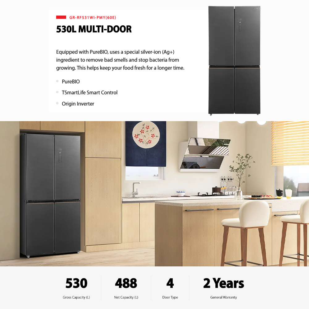 TOSHIBA 530L Multi Doors Origin Inverter IoT Refrigerator GR-RF531WI-PMY(60E) | Smart Control | PUREBIO- Ag+ ion | Smart Sensor