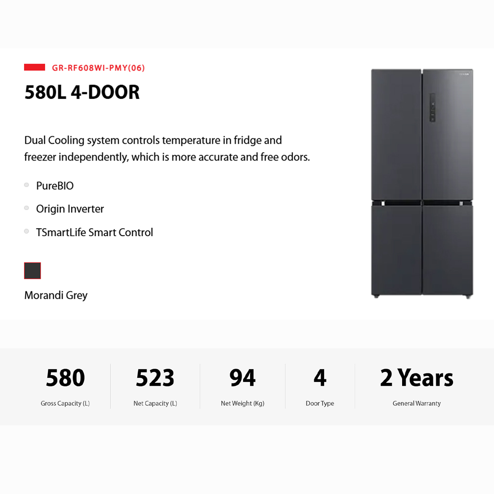 TOSHIBA 580L Multi Doors Origin Inverter IoT Refrigerator GR-RF608WI-PMY(06) | Smart Control | Moisture & Flexible Zone