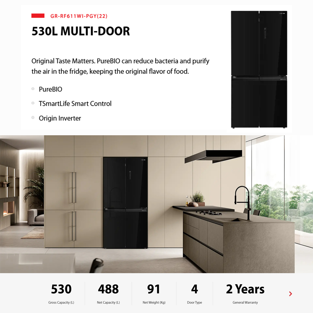 TOSHIBA 530L Multi Doors Origin Inverter IoT Refrigerator Black Glass GR-RF611WI-PGY(22) | PureBIO | TSmartLife Smart Control | Origin Inverter
