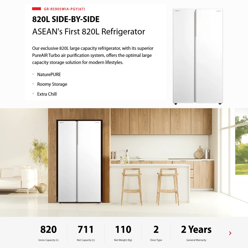 TOSHIBA 820L Side by Side Origin Inverter PureAIR Turbo Refrigerator Fuji GR-RS905WIA-PGY(67) | NaturePURE | Roomy Storage | Extra Chill