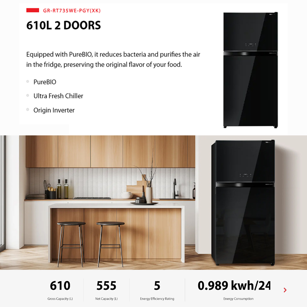 TOSHIBA 610L 2 Doors Inverter Refrigerator GR-RT735WE-PGY(XK) | PureBIO | Inverter compressor and fan | Auto Ice Maker