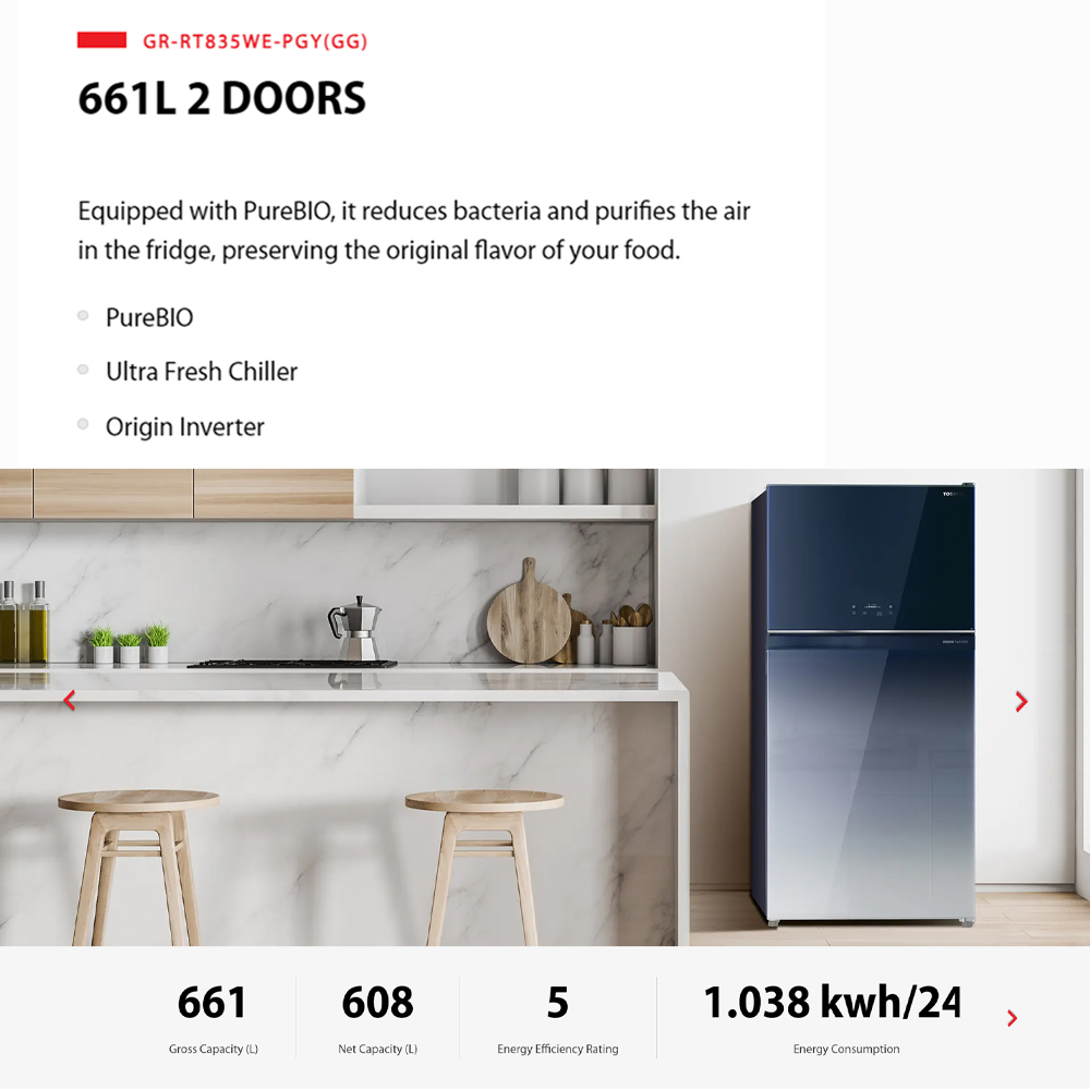 TOSHIBA 661L 2 Doors Inverter Refrigerator GR-RT835WE-PGY(GG) / GR-RT835WE-PGY(XK) | PureBIO | Auto Ice Maker