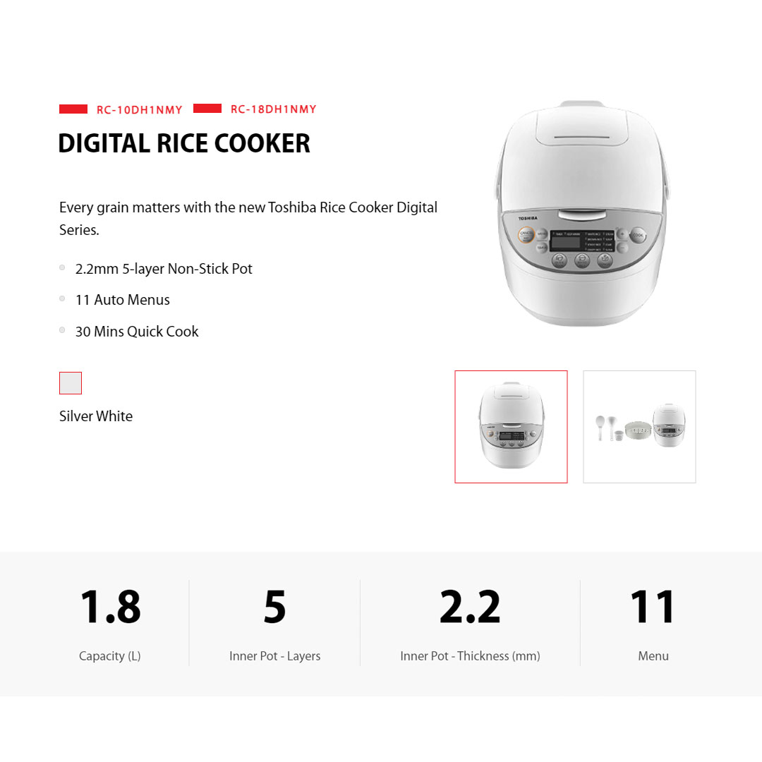 TOSHIBA 1L/1.8L Digital Rice Cooker RC-10DH1NMY/RC-18DH1NMY | 2.2mm Honatsukama Pot | Preset Menus with LED Display | 11-Auto Menu | Rice Cooker with 1 Year Warranty