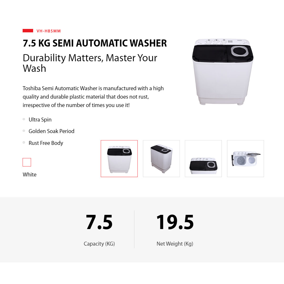 TOSHIBA 7.5KG/8.5KG Semi Automatic Twin Tub Washer VH-H85MM/VH-H95MM | High Blades Pulsator | Rust Free Body | Ultra Spin | Golden Soak | Washing Machine with 2 Year Warranty