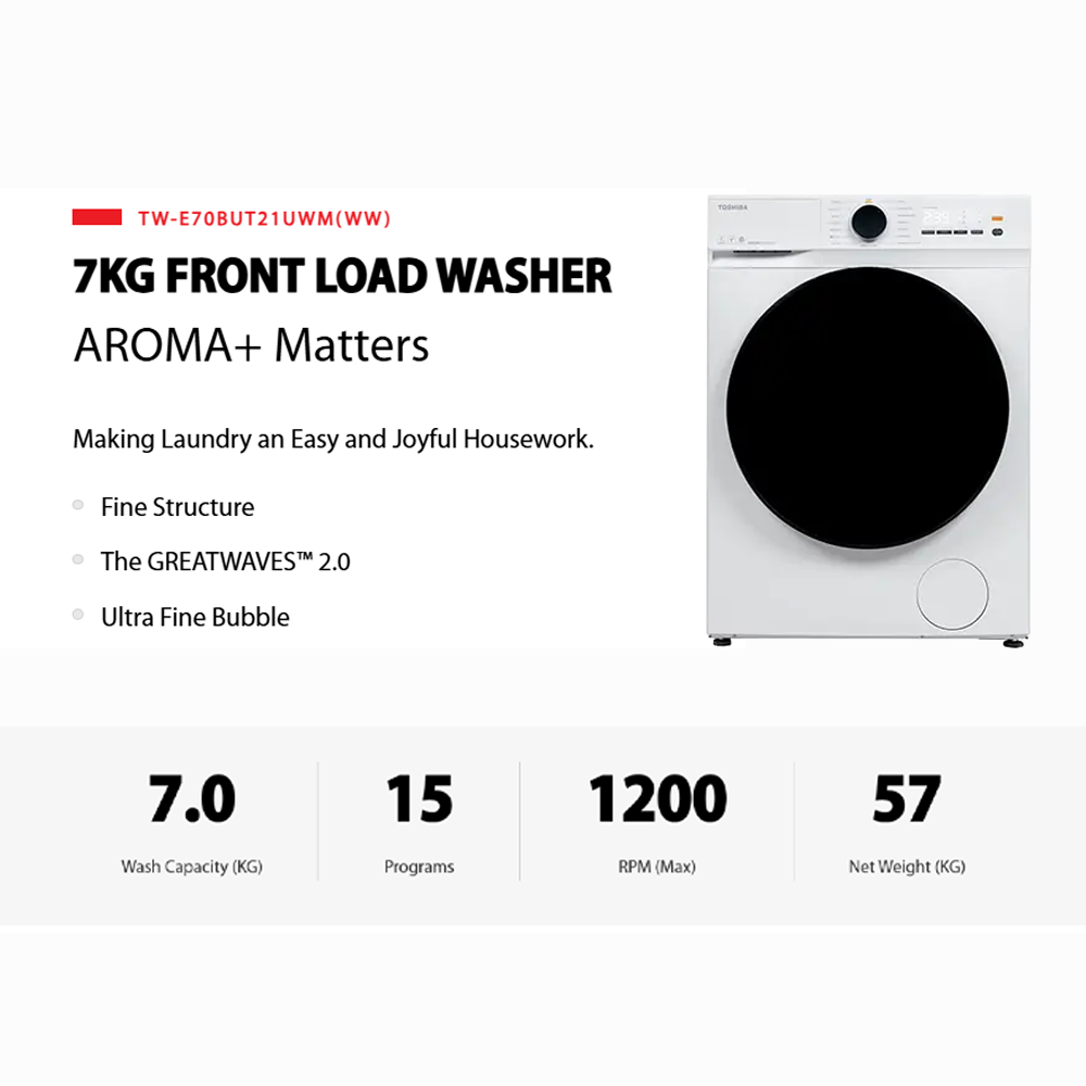TOSHIBA 7KG/8.5KG AROMA+ Front Load Origin Inverter Washing Machine TW-E70BUT21UWM(WW) / TW-E85BUT21UWM(WW) | AROMA+ - 200% | Ultra Fine Bubble