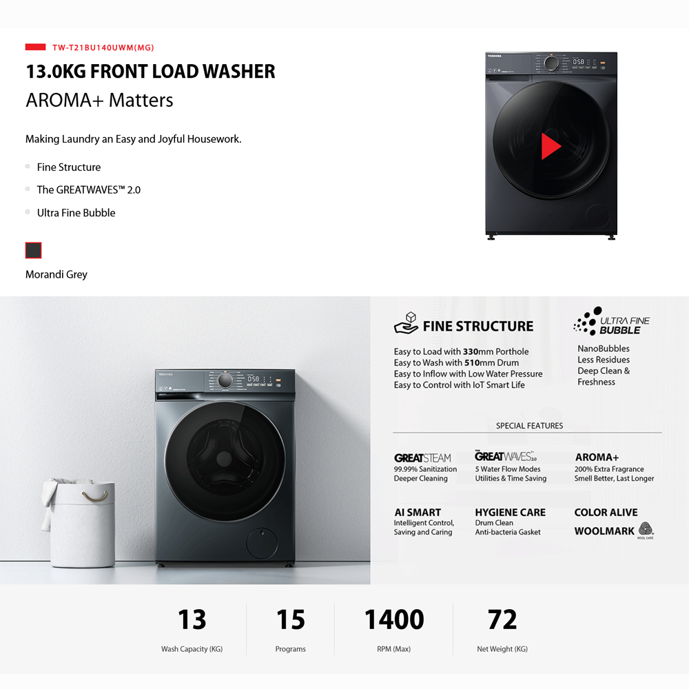TOSHIBA 13KG AROMA+ Front Load Origin Inverter Washing Machine TW-T21BU140UWM(MG) | AROMA+ - 200% Extra Fragrance | AI Smart