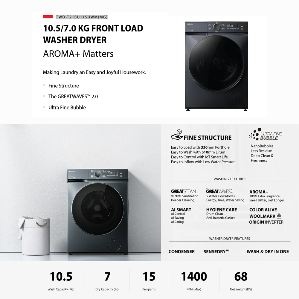 TOSHIBA 10.5KG/7KG Aroma+ AI Smart Front Load Washer Dryer TWD-T21BU115UWM(MG) | THE GREATWAVES™ 2.0 | Ultra Fine Bubble
