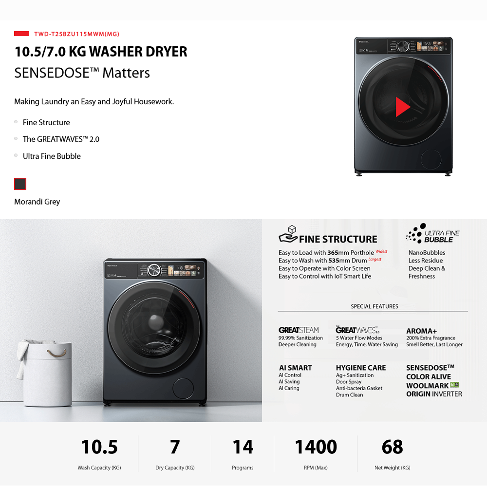 TOSHIBA 10.5KG/7KG Aroma+ SENSEDOSE AI Smart Front Load Washer Dryer TWD-T25BZU115MWM(MG) | THE GREATWAVES™ | Aroma+