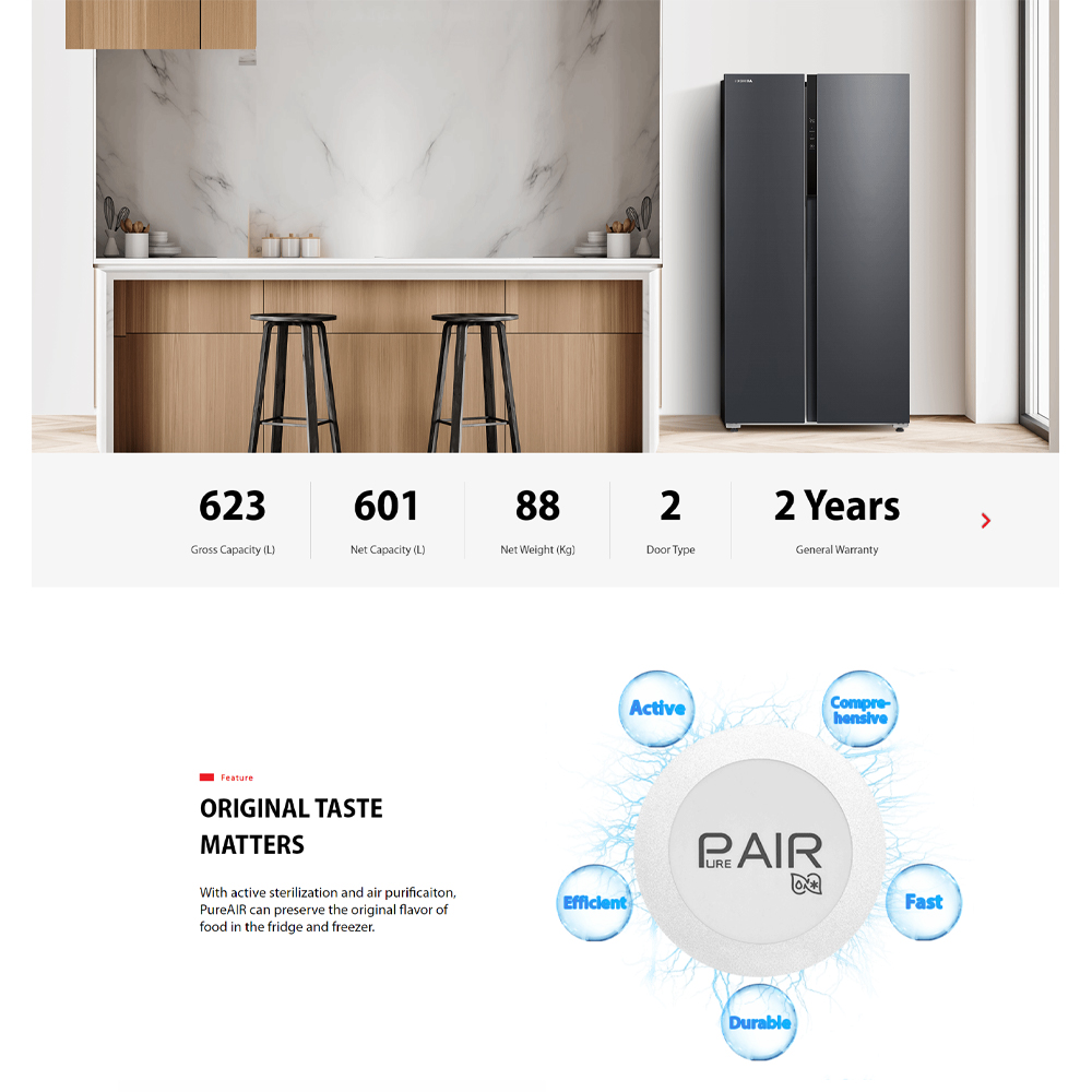 TOSHIBA 623L Side by Side Origin Inverter Refrigerator GR-RS780WI-PMY(06) | Active Purification System | Energy Saving