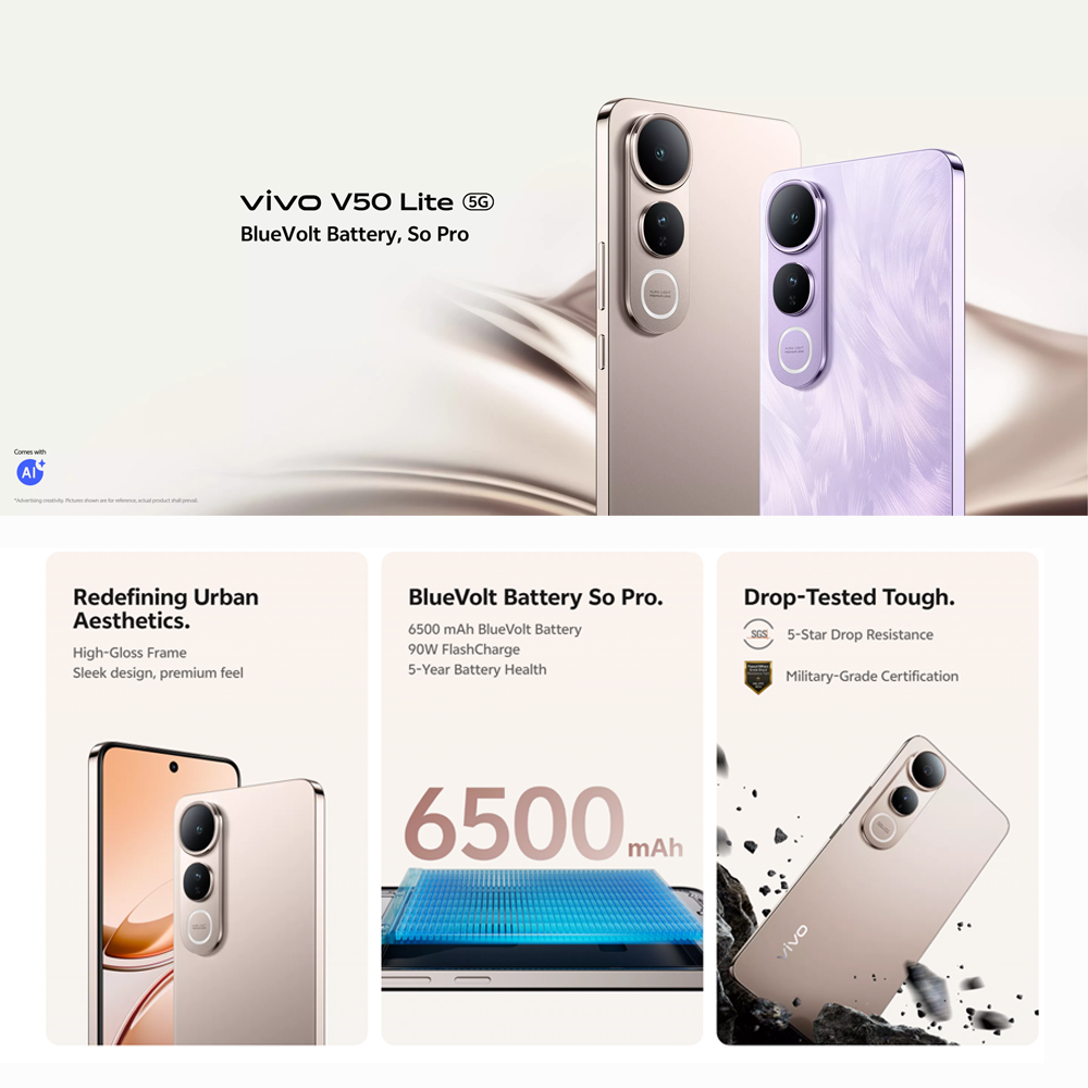 vivo V50 Lite 5G | BlueVolt Battery So Pro | 50 MP Sony Ultra-High Sensitivity Camera | Powerful Ai Function | 6500 mAh, 90W Fast Charge