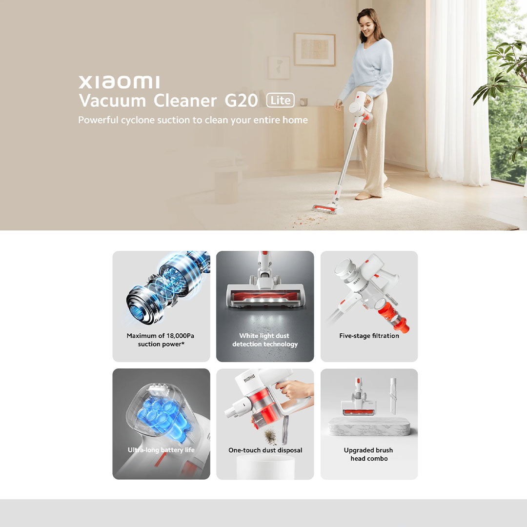 Xiaomi 215W Cordless Vacuum Cleaner G20 Lite C203 | Five-stage filtration | Ultra-long battery life | Upgraded brush head combo | 1  Year General Warranty