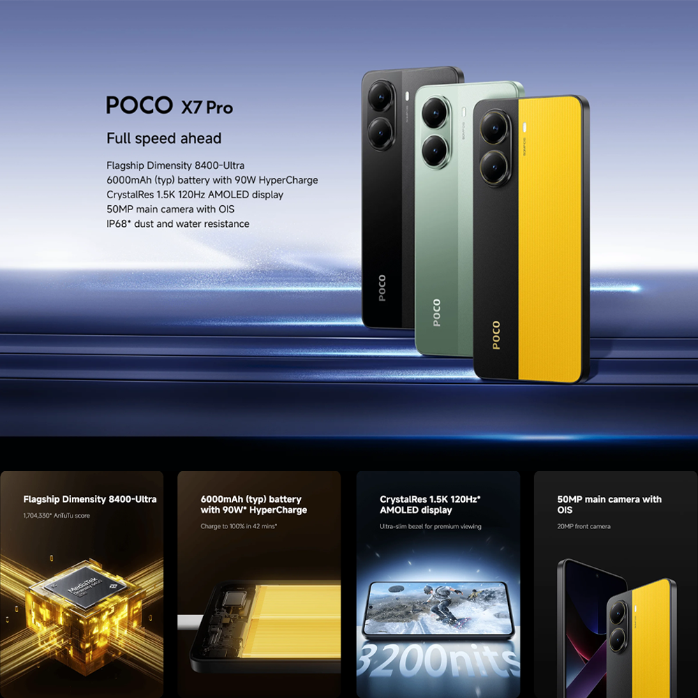 Xiaomi POCO X7 Pro | 6.67 inches, AMOLED | 50MP Main Camera | Mediatek Dimensity 8400 Ultra (4 nm) | Li-Po 6000 mAh