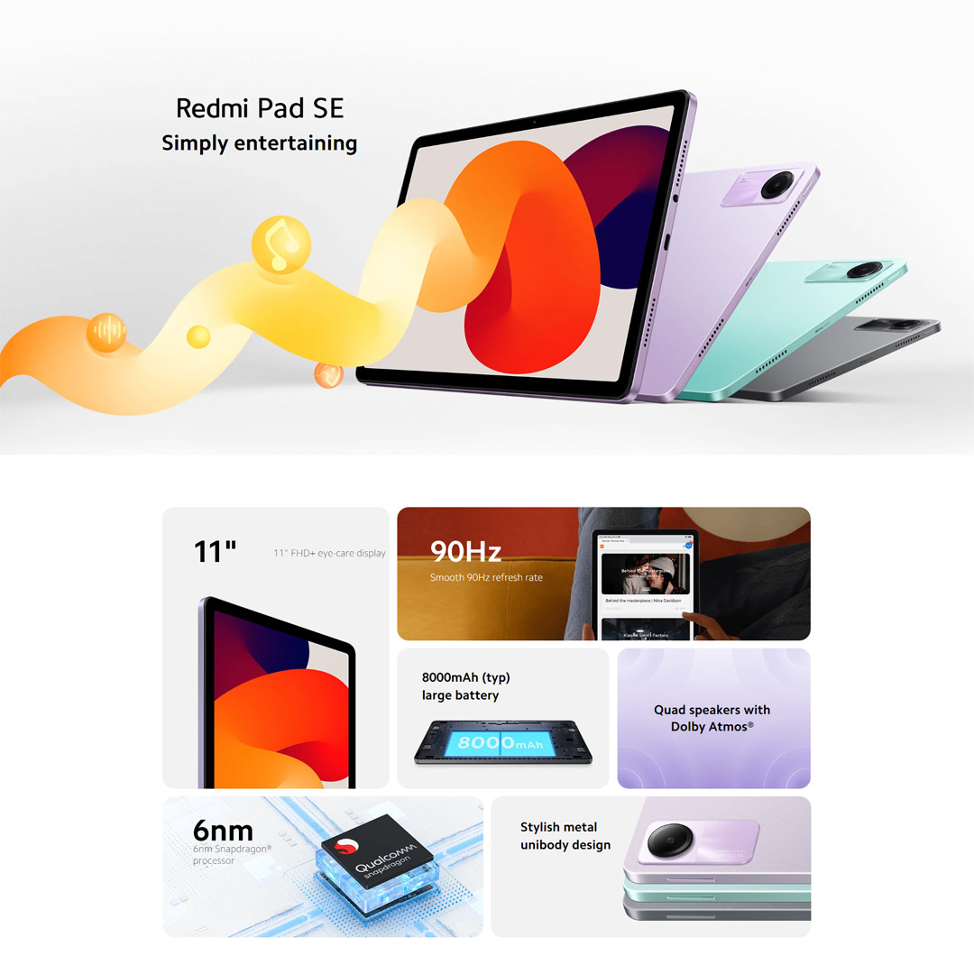 Xiaomi Redmi Pad SE 8GB+256GB | 11"FHD+ Eye-Care Display | 8000mAH (typ) Large Battery | 8MP Main Camera | Tablet with 1 Year Warranty