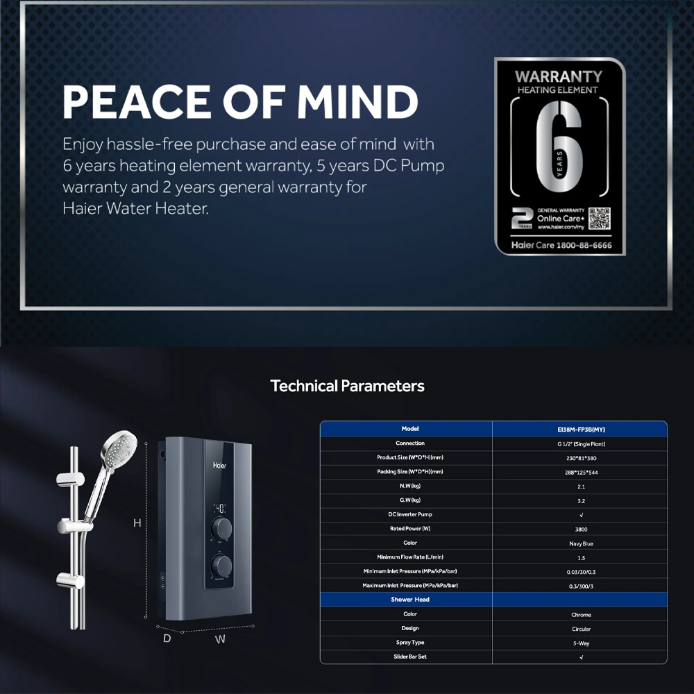 HAIER 3800W DC Inverter Silent Pump Instant Water Heater EI38E-FP3B(MY) | Shock Proof | Solid Structure Tank