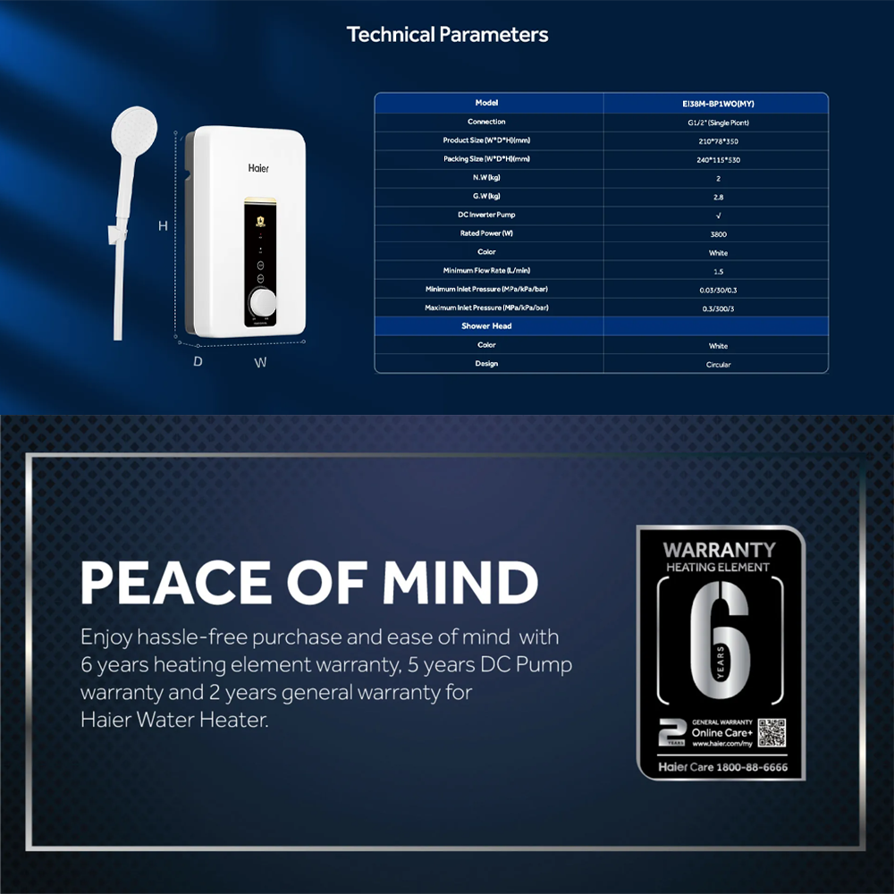 HAIER 3800W DC Inverter Silent Pump Water Heater EI38M-BP1WO(MY) | 11 Safety Features | Shock Proof | 3D AI Thermostat System