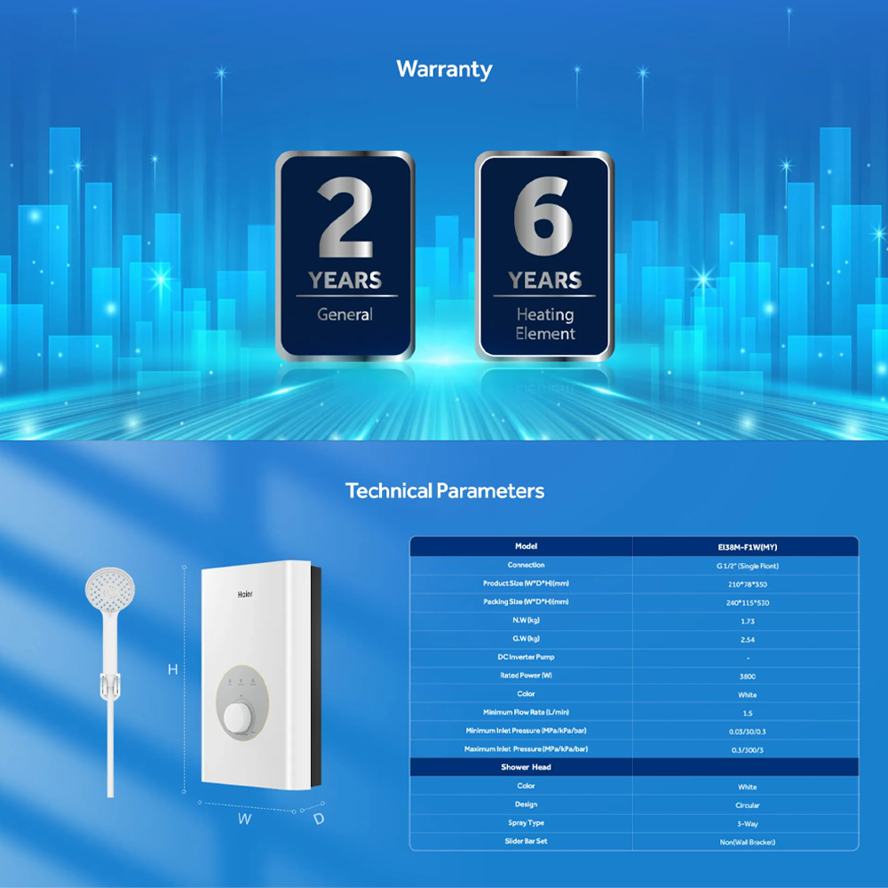 HAIER 3800W Instant Water Heater EI38M-F1W(MY) | Dual Copper Heating Tube | Shock Proof | 4D AI Thermostat System