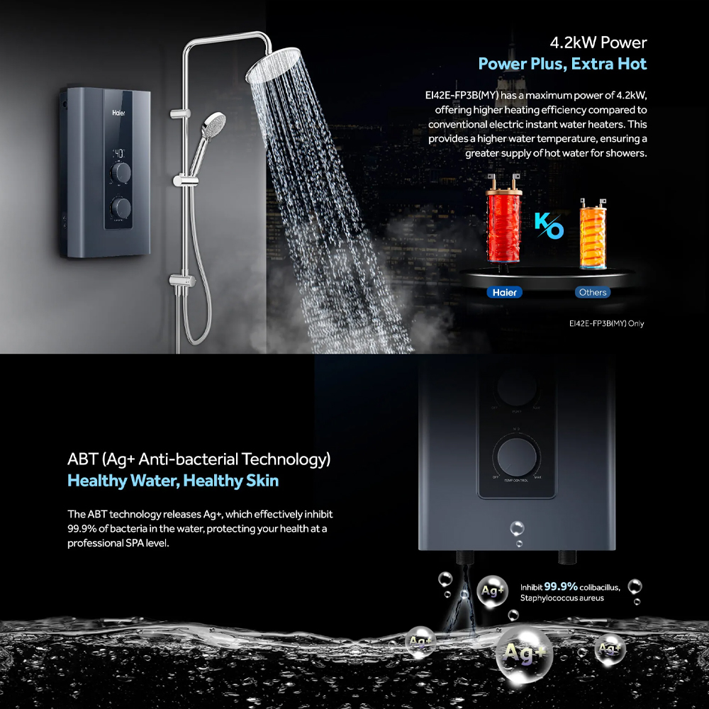 HAIER 3800W DC Inverter Silent Pump Instant Water Heater | EI42E-FP3B | Shock Proof | DC Inverter Silent Pump | Dual Copper Heating Tube