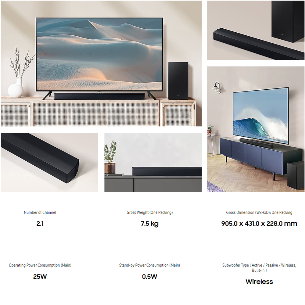 SAMSUNG 25W 2.1ch B-Series Soundbar with Subwoofer  HW-C450/XM | Subwoofer Included | Bass Boost | Adaptive Sound Lite | 1  Year General Warranty