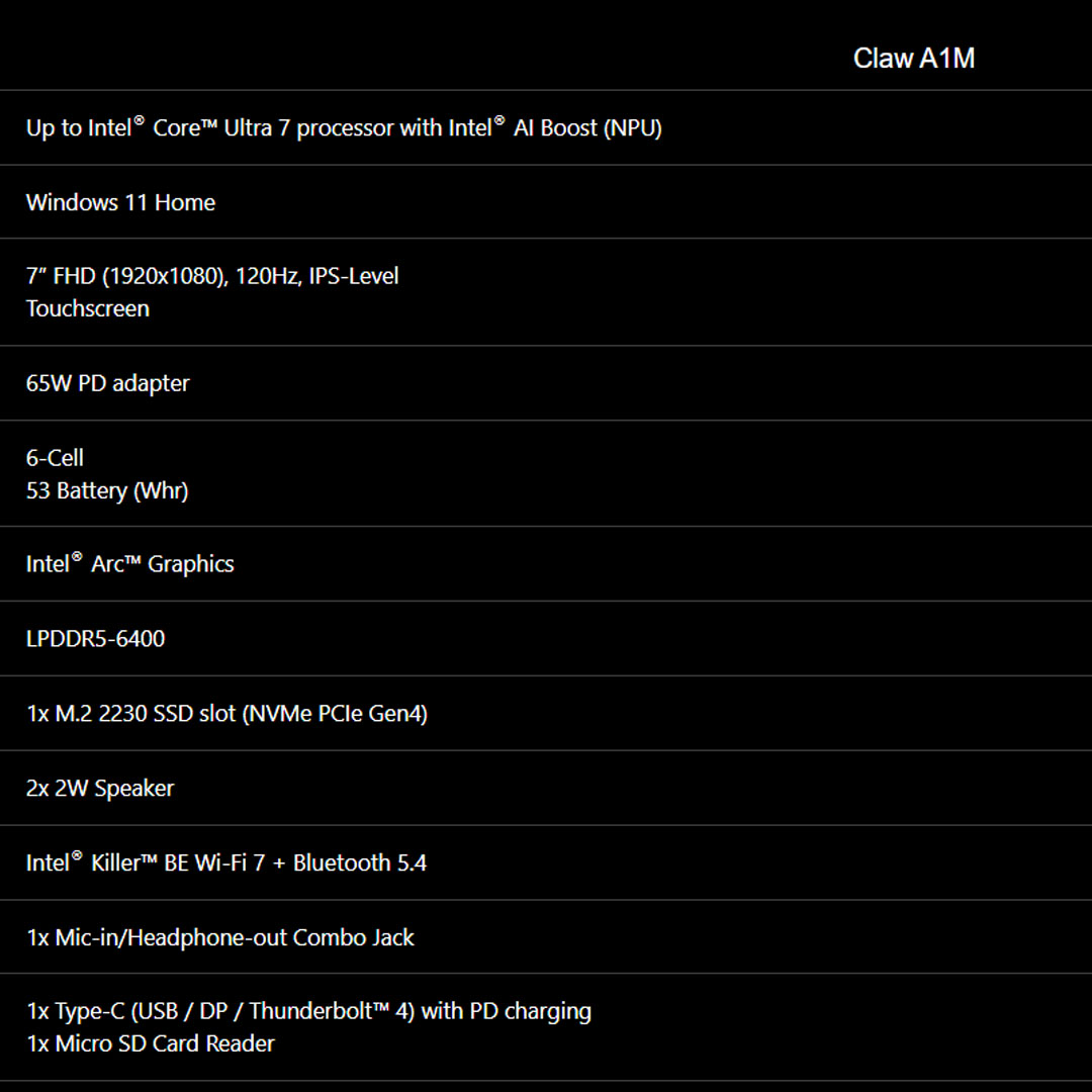 MSI 7" Claw A1M Handheld Portable Gaming | Windows 11 Home | 65W PD Adapter | Wi-Fi 7 + Bluetooth 5.4 | Up to Intel Core Ultra 7 Processor with Intel AI Boost (NPU) | Portable Gaming with 1 Year Warranty