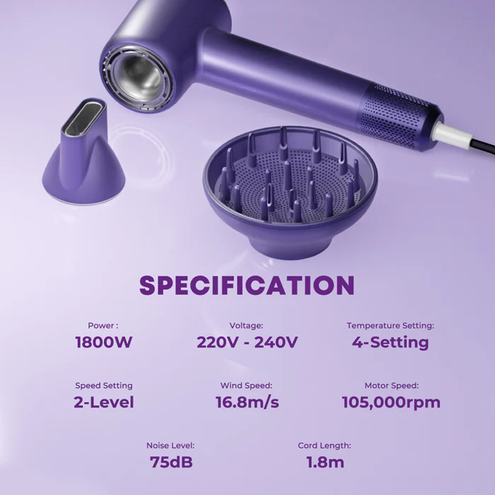 Russell Taylors 1800W High Speed Hair Dryer HD3 | 105,000 RPM | Dual Magnetic Attachment | 4 Temperature Settings | Wind Speed: 16.8m/s