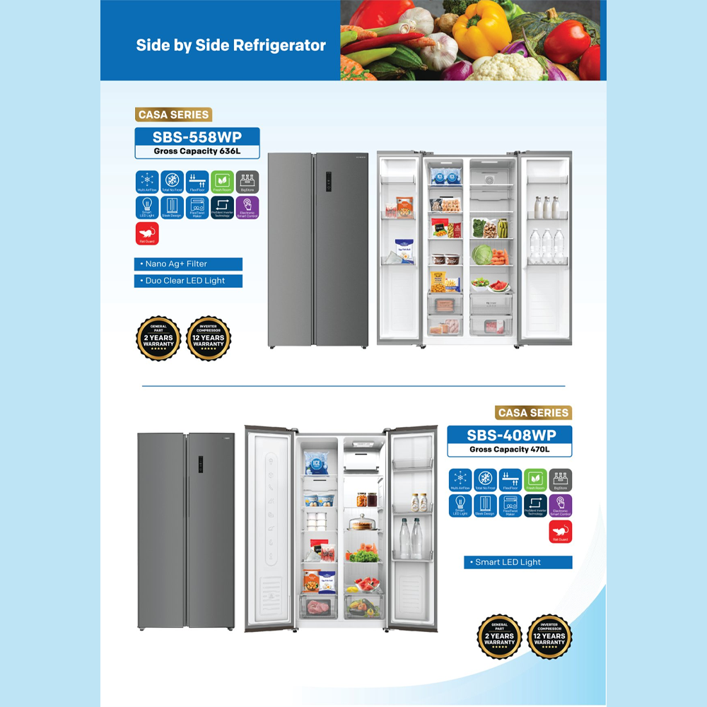 SKYWORTH 470L / 636L Side by Side ProSilent Inverter Refrigerator SBS-408WP / SBS-558WP | Electronic Smart Control | Nano Ag+ Filter | Moist Fresh Room | Refrigerator with 2 Year Warranty