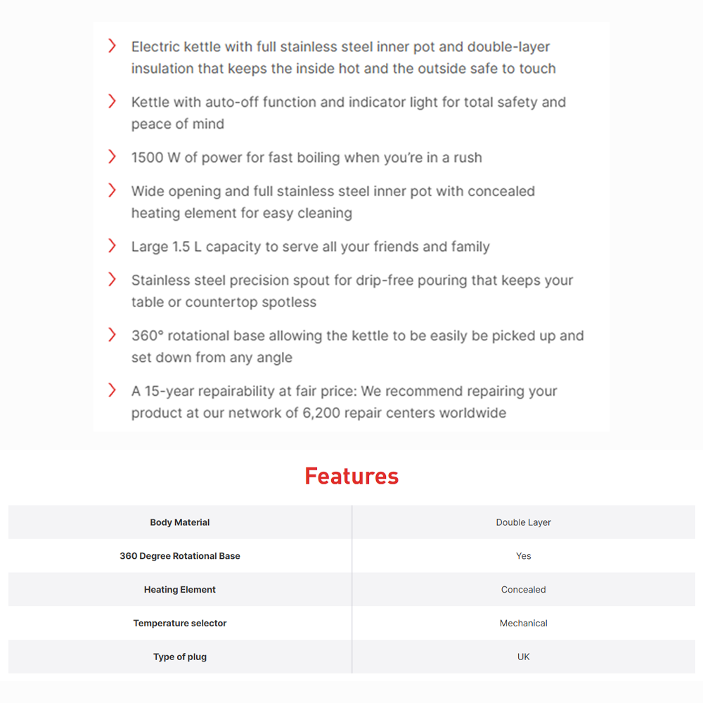 Tefal 1.5L Thermo Protect Electric Kettle KO1408Y2 / KO140AY2 | 304 stainless steel body | 360 degrees rotational cord | Safe to touch