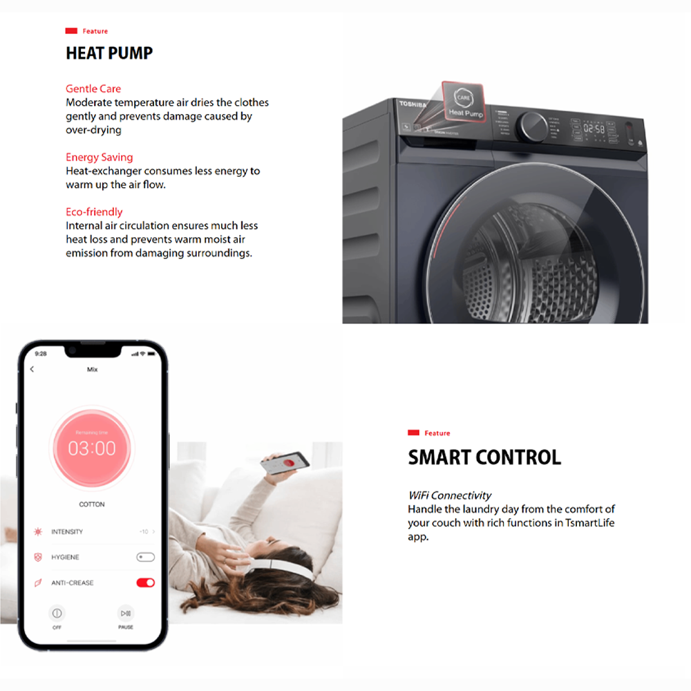 TOSHIBA 8KG/10KG Heat Pump Origin Inverter Tumble Dryer TD-E80BT21HWM(WW)/TD-BP110GHM(MG) | SENSE DRY™ | Anti-crease | TSmartLife Smart Control