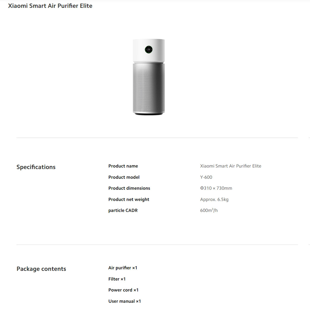 Xiaomi 600m³/h Smart Air Purifier Elite Y-600 | Smart Control | Three-in-one Filtration | 99.9% removal of airborne Influenza A | Air Purifier with 1 Year Warranty