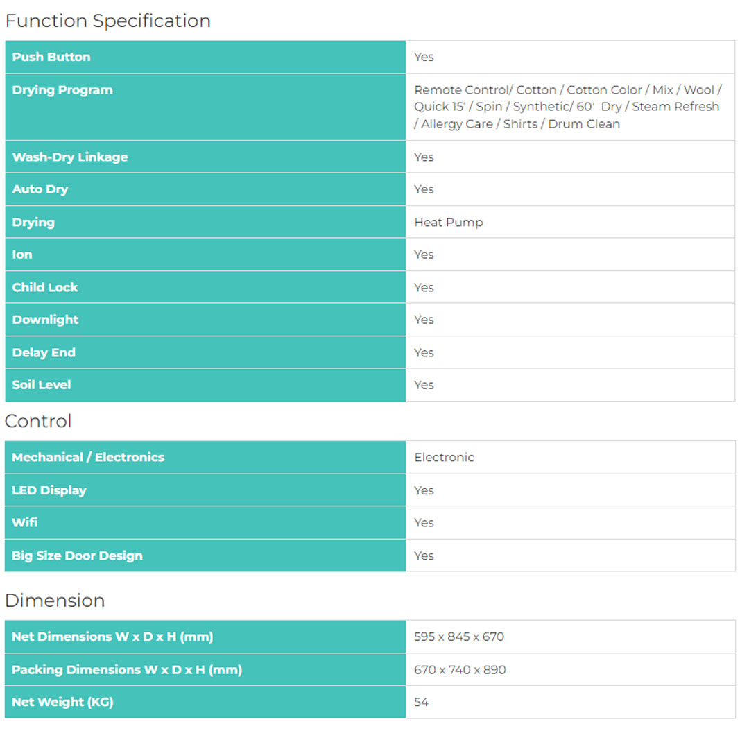 HISENSE 10KG Heat Pump Dryer DH5S1095UB | Buzzer  Electronic Control | Button Program Selection | Heat Pump Drying | Transparent Door | Dryer with 2 Years Warranty